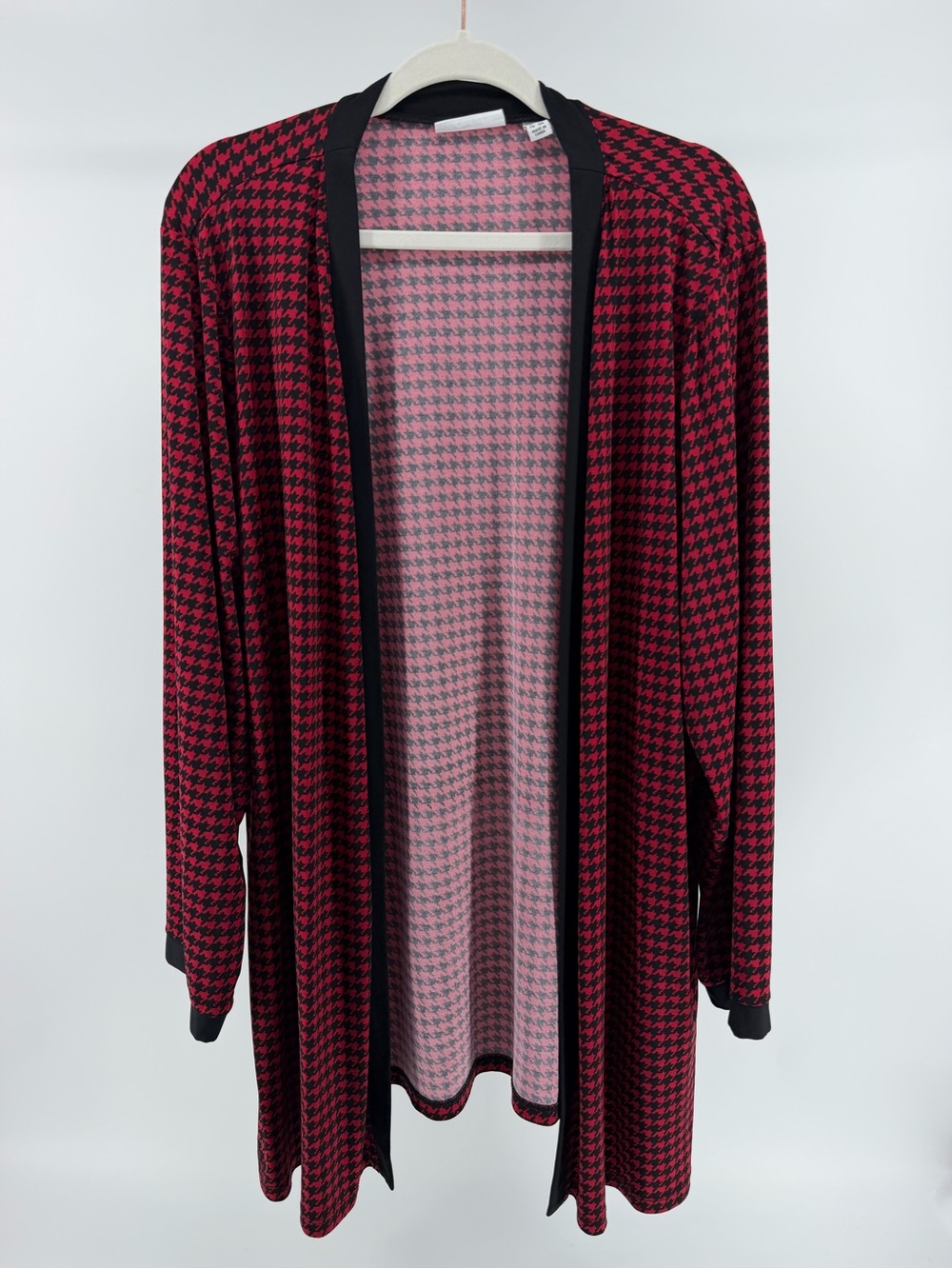 Susan Graver Black & Red Houndstooth Stretch Knit Open Front Cardigan, Size 2X